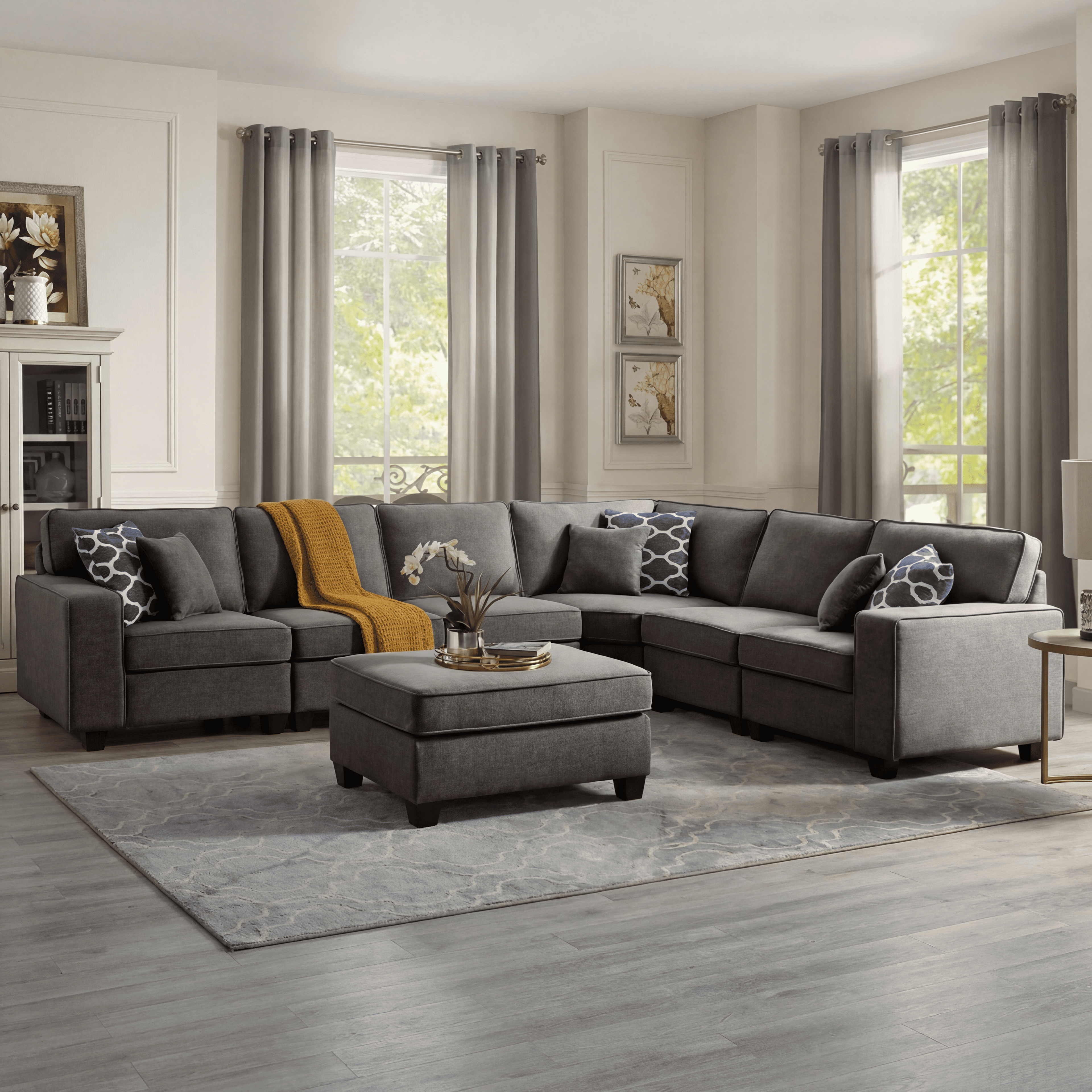 Modern Grey Sectional Sofa with Ottoman