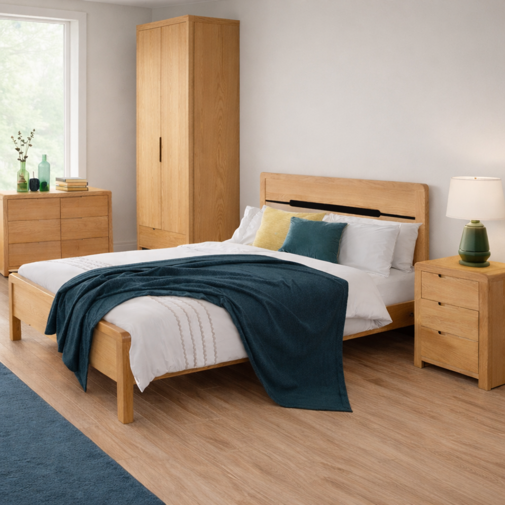 Modern Oak-Inspired Bed with Matching Furniture Set