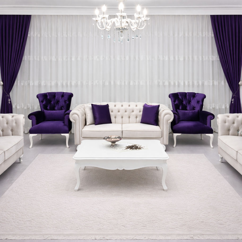 Royal Chesterfield Tufted White and Purple Sofa