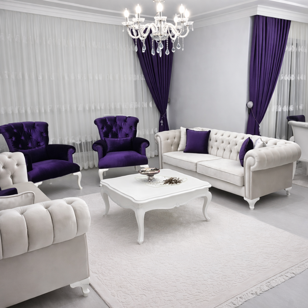Royal Chesterfield Tufted White and Purple Sofa
